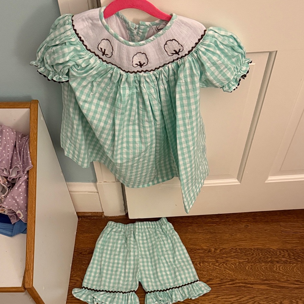 Green Gingham Kids smocked set
